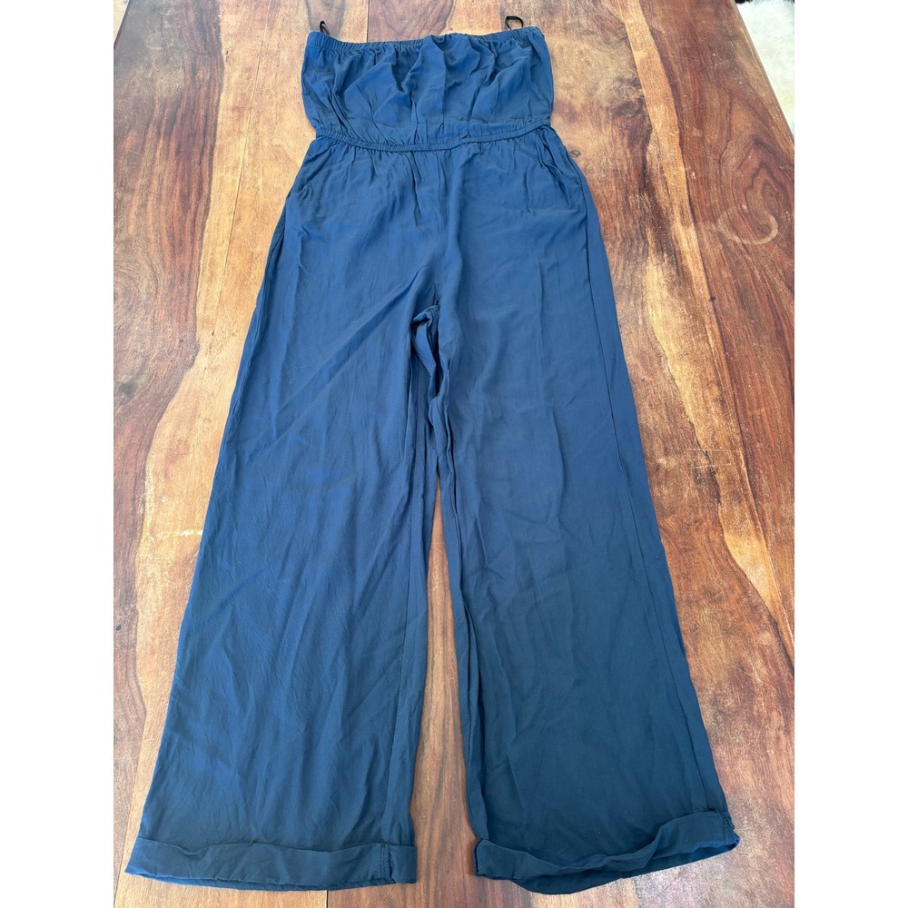 FOREVER 21 strapless jumpsuit women size M navy blue wide leg elastic waist